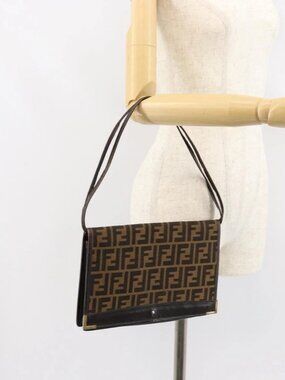 FENDI Zucca Canvas Shoulder Bag Black Brown